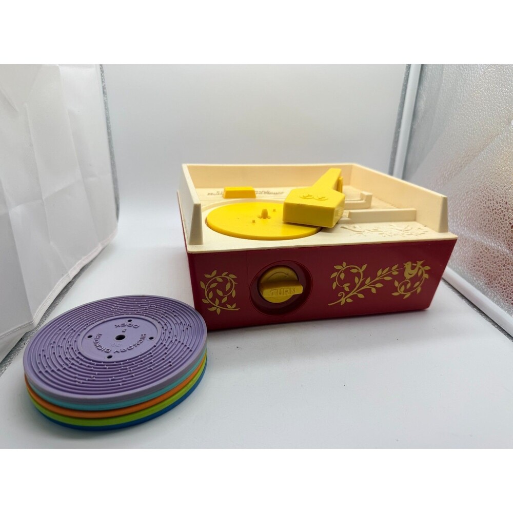 Vintage Fisher Price Music Box Record Player 1971  with 5 Disk Red/White
